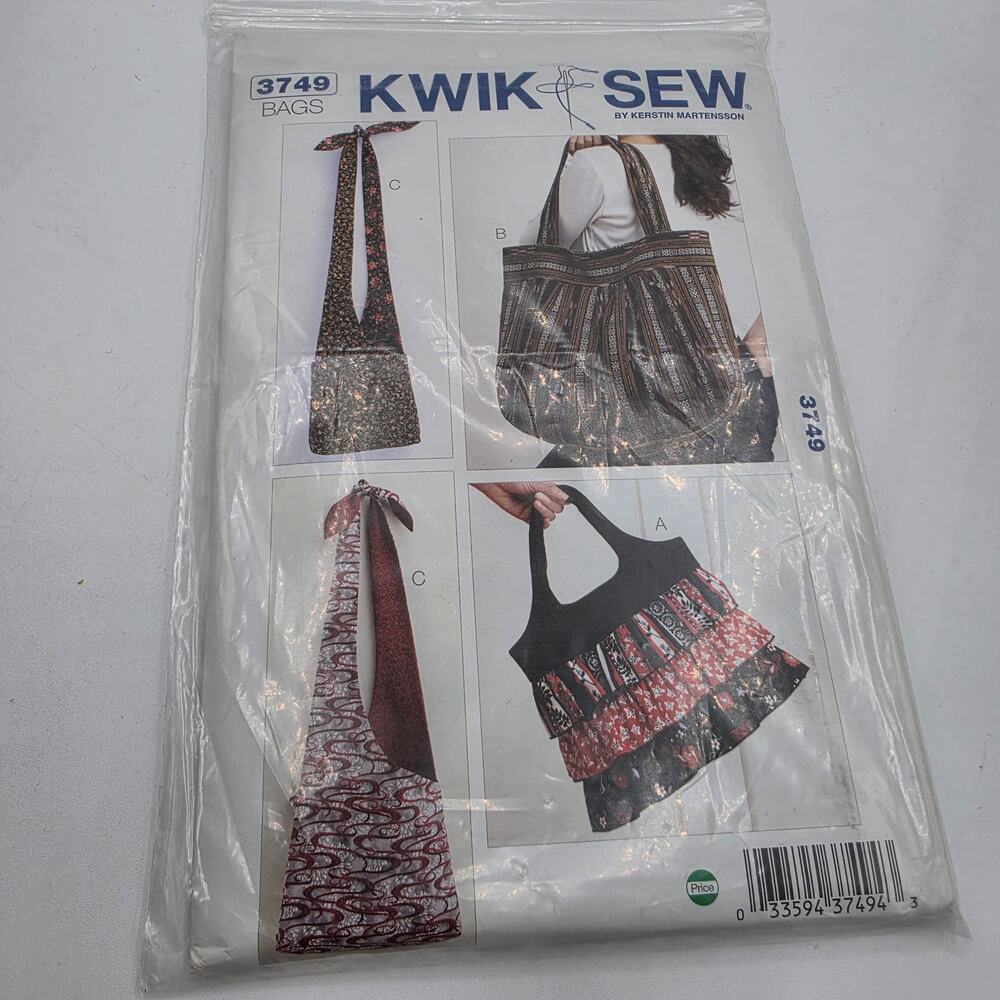 Kwik Sew 3749 Bags Sewing Pattern Lined Ruffle Tote Shoulder Sling Bag Uncut